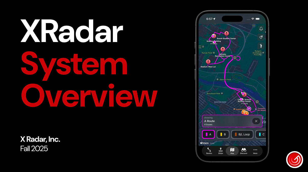 XRadar live map showing the A Route with 4 buses tracked in real time