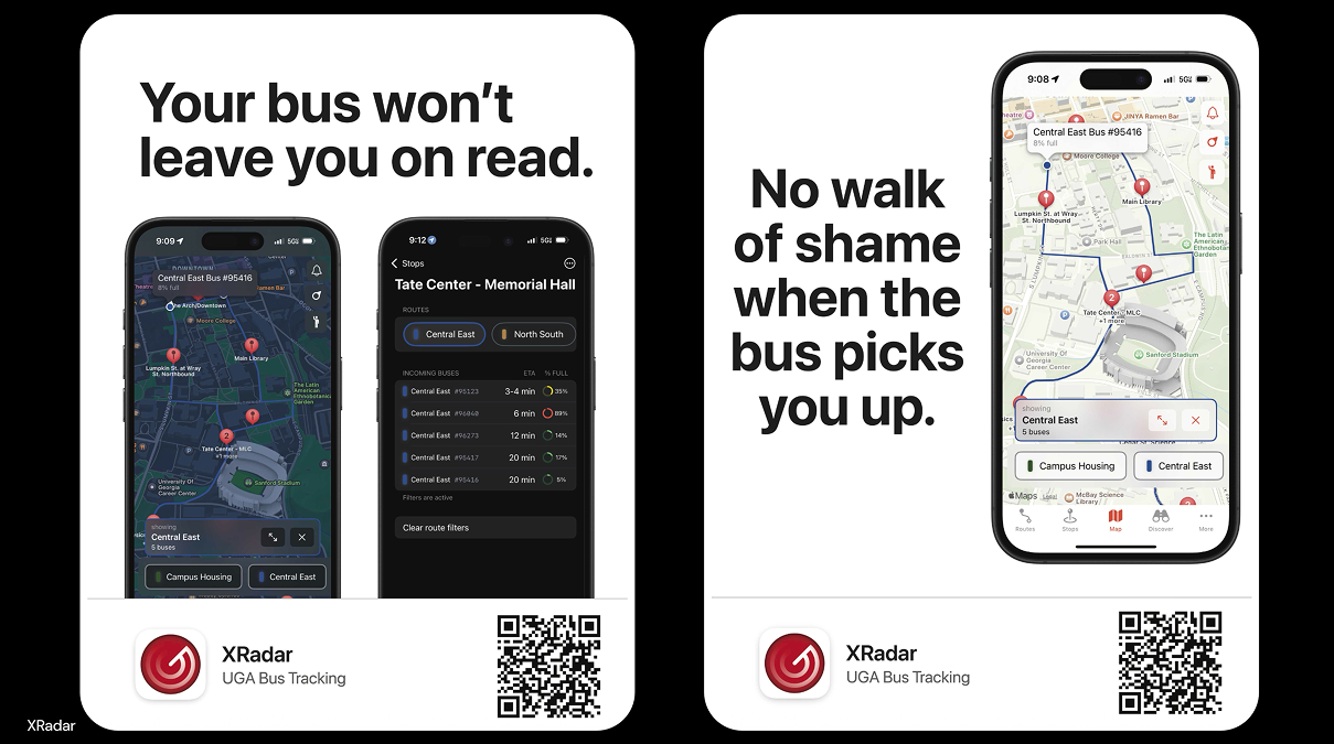 XRadar campus poster ads reading 'Your bus won't leave you on read' and 'No walk of shame when the bus picks you up'