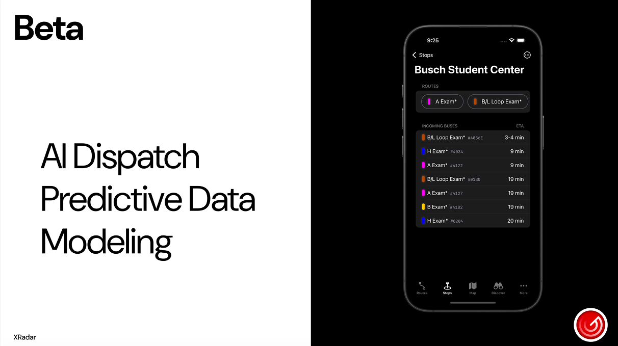 XRadar beta stops screen for Busch Student Center listing incoming buses with ETAs