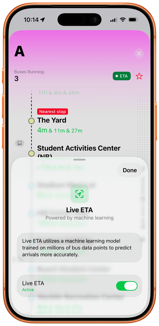 XRadar route view with the Live ETA machine-learning explainer