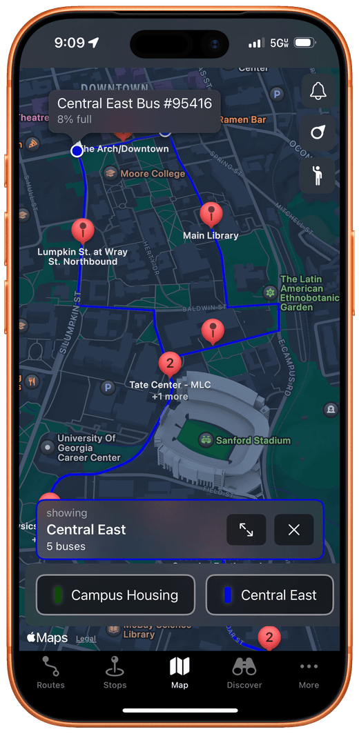 XRadar dark map tracking the Central East route across campus