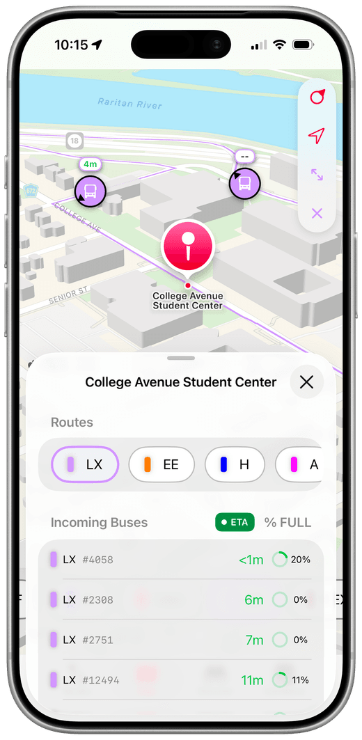 XRadar 3D campus map showing the College Avenue Student Center stop and live buses