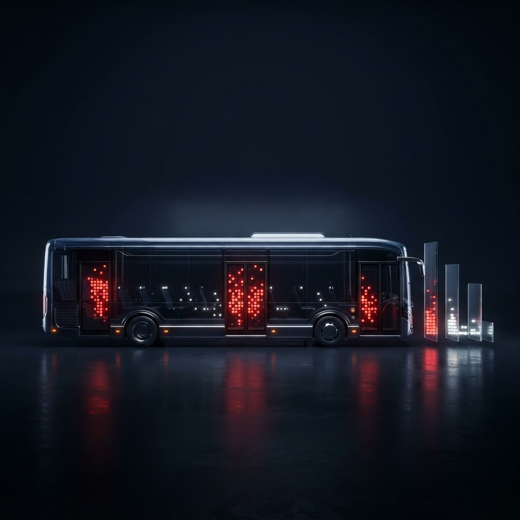 Translucent bus visualization showing passenger density