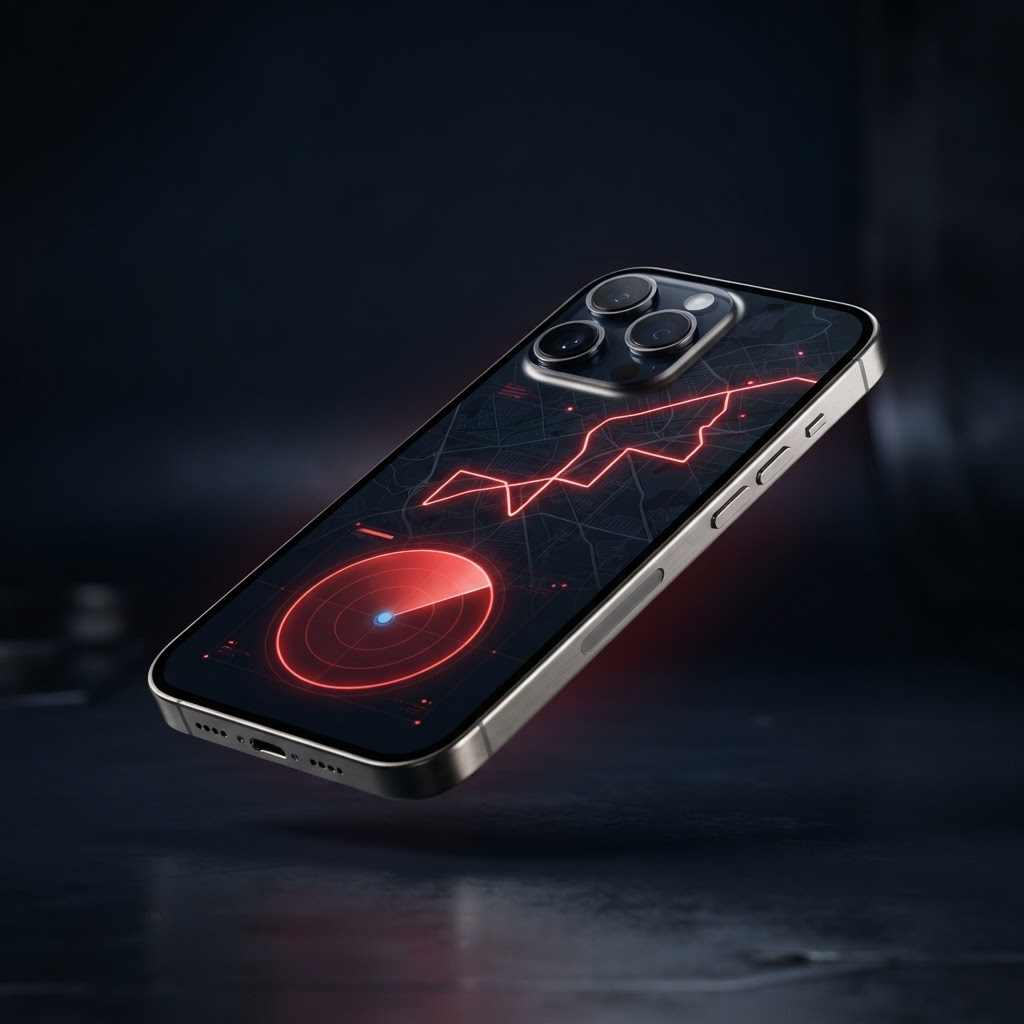 Floating iPhone displaying a dark map interface