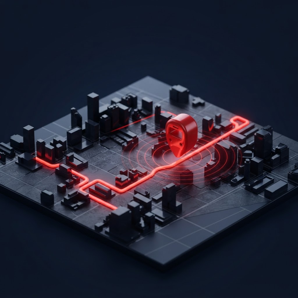 3D map with a glowing route line and bus marker