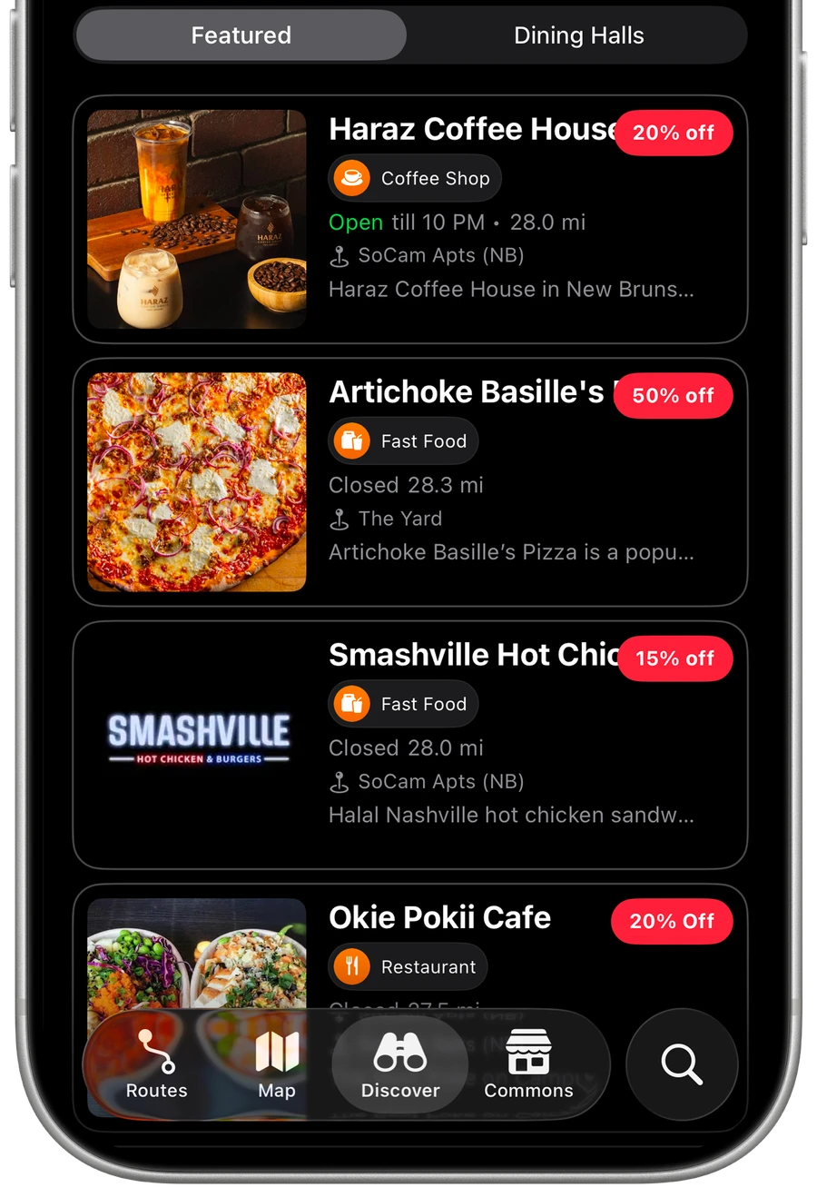 XRadar Discover tab showing local businesses advertising with promotional discounts and a bottom navigation bar
